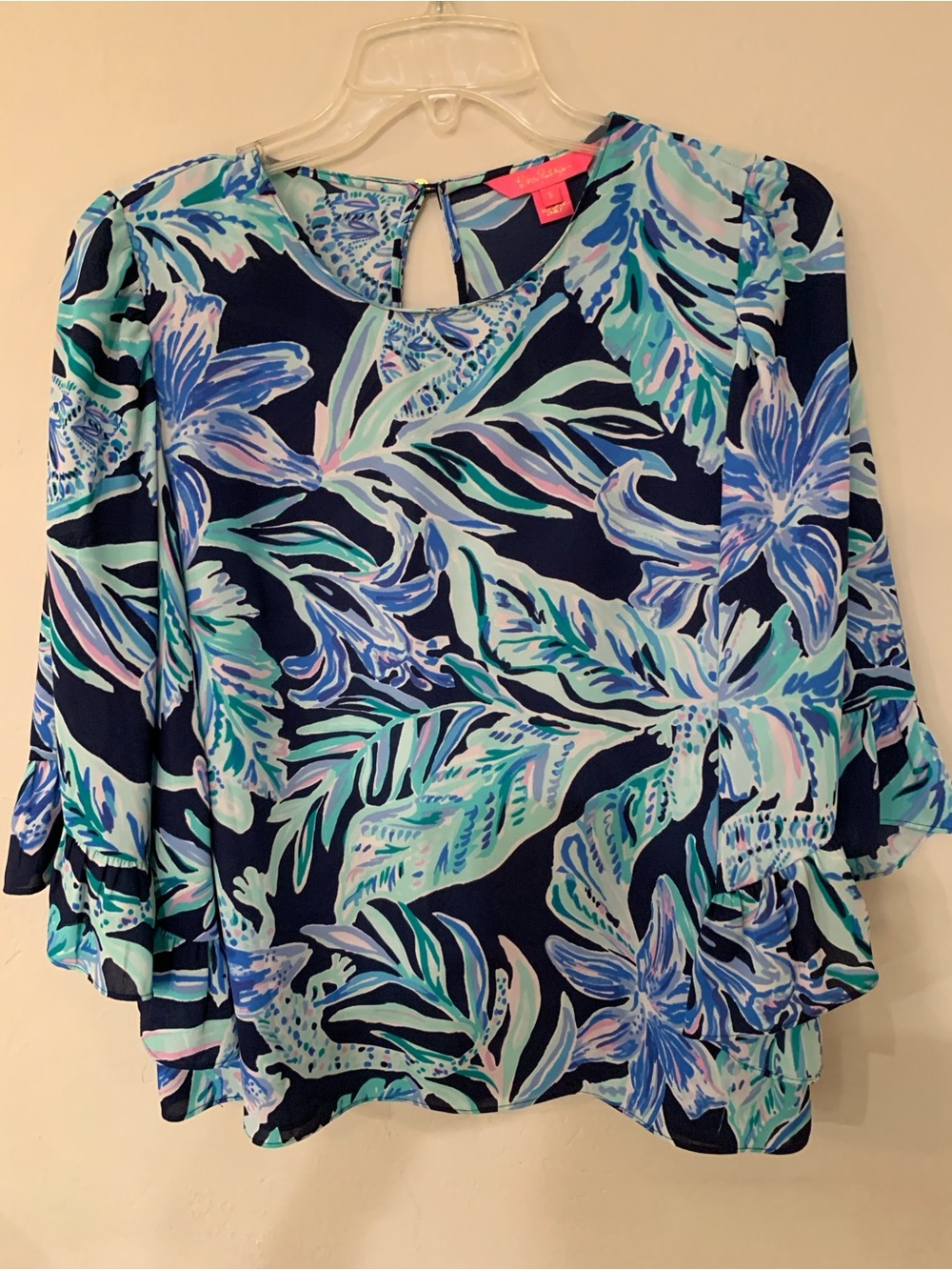Lilly Pulitzer Tropical Floral Ruffle-Sleeve Sheer Blouse in Navy Aqua No Flaw S